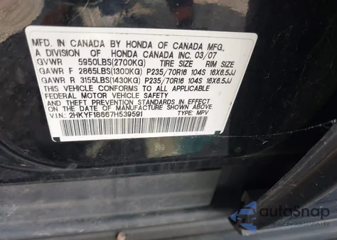 2007 Honda Pilot Ex-L из США, поврежденный, VIN 2HKYF18667H539591